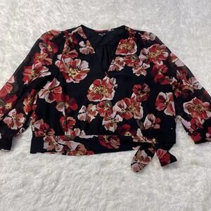 Madewell Women's Black and Red Floral Print 3/4 Sleeve Wrap Blouse V-Neck Large